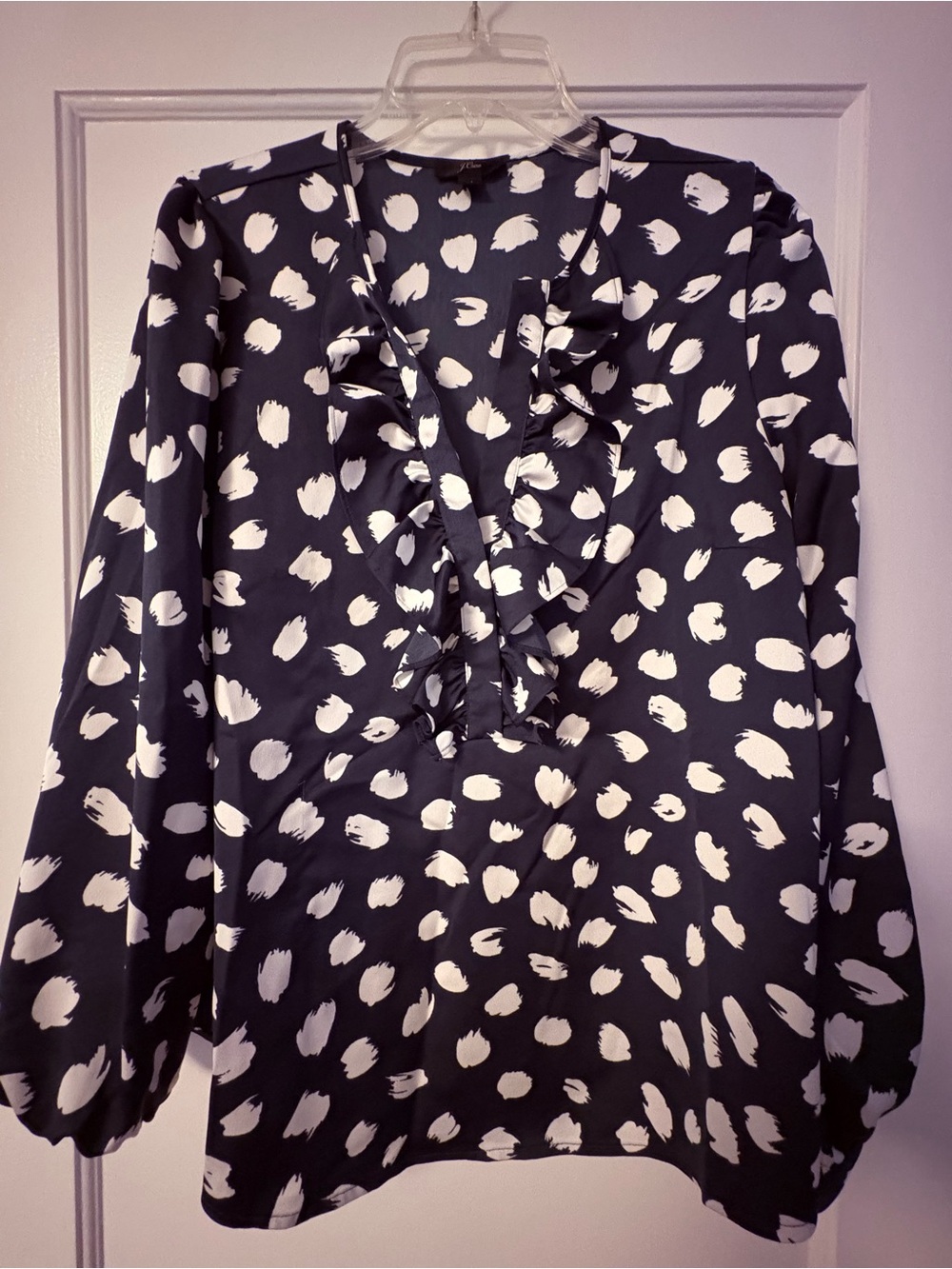 Women's Navy and White Ruffle V-Neck Printed Blouse